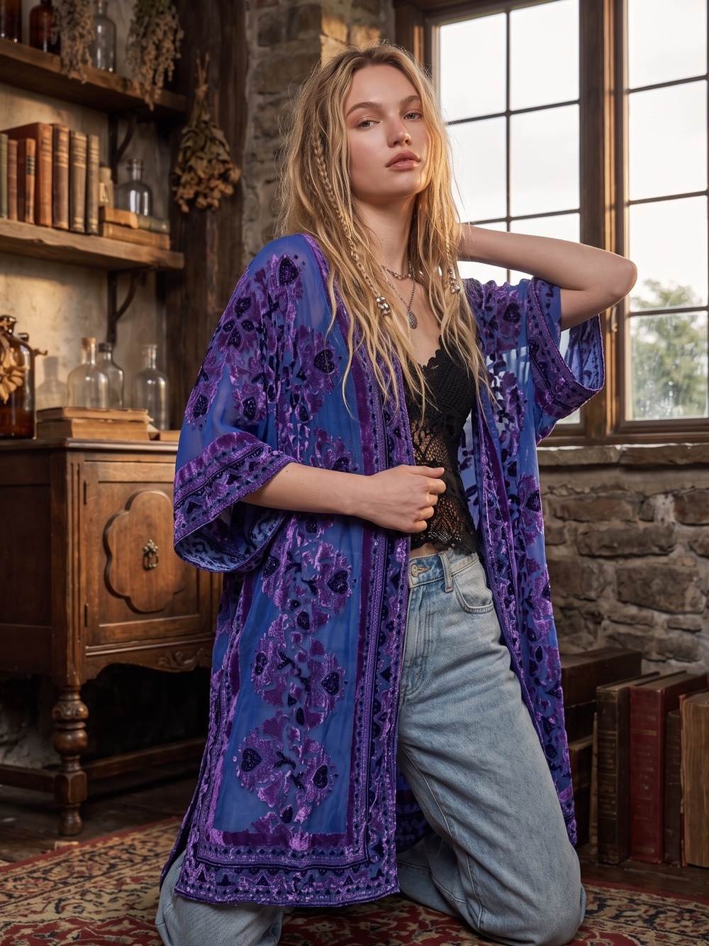Free People Witchy Bohemian Muse Burn Out Velvet Devore Kimono Purple Blue OS - Picture 3 of 10